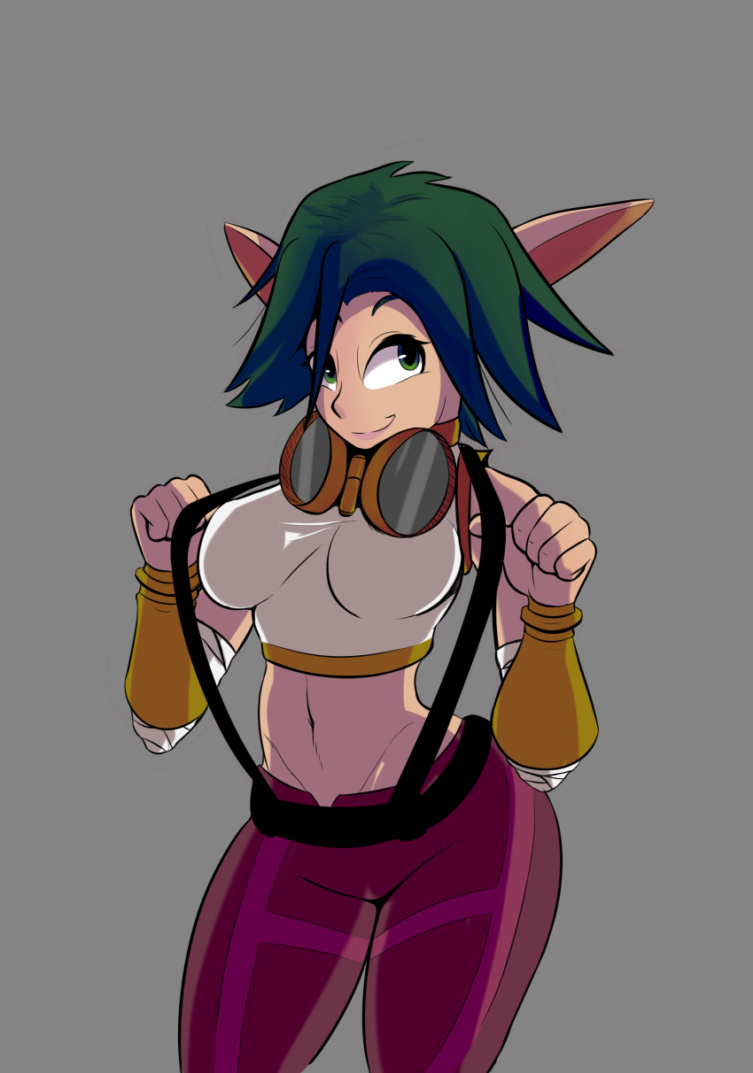 1girls bandages bangs bedroom_eyes belly_button big_breasts big_ears breasts capri_pants choker clothed clothes clothing curvaceous curvy curvy_figure fat_ass female female_focus female_only fit fit_female goggles goggles_around_neck green_eyes green_hair hips hourglass_figure jak_and_daxter keira_hagai lips lipstick long_ears looking_at_viewer medium_hair navel nipple_bulge nipples pink_lips pink_lipstick pinup plain_background pose purple_pants scrabble007 seductive seductive_look seductive_smile shirt smiling smiling_at_viewer smirk solo solo_female solo_focus suspenders tank_top tease teasing thick thick_thighs thighs tight_clothing tomboy toned toned_female vambraces video_games voluptuous white_shirt wide_hips