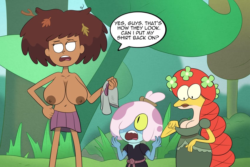 2020 2020s 2d 3girls adult adult_and_teenager age_difference amazed amphibia anne_boonchuy areolae big_breasts blue_skin breast_awe breasts casual_nudity cleavage dark-skinned_female dark_nipples disney disney_channel english_text eye_roll felicia_sundew female_only frog hand_on_hip hi_res holding_shirt huge_breasts leaves leaves_in_hair legs long_hair looking_at_breasts maddie_flour mature mature_female milf multiple_girls nipples older_female older_woman_and_teenage_girl older_woman_and_younger_girl outdoors red_hair saint_james_school_uniform school_uniform schoolgirl scobionicle99 short_hair skirt straight_hair teenage_girl teenage_girl_and_younger_girl teenager text thai topless younger_female