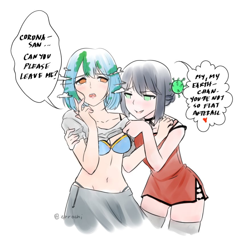 2girls big_breasts black_hair blush bra breast breasts clothing corona_chan coronavirus covid-19_pandemic dress earth earth-chan female fucked_in_every_way gijinka molestation shirt shirt_lift yuri