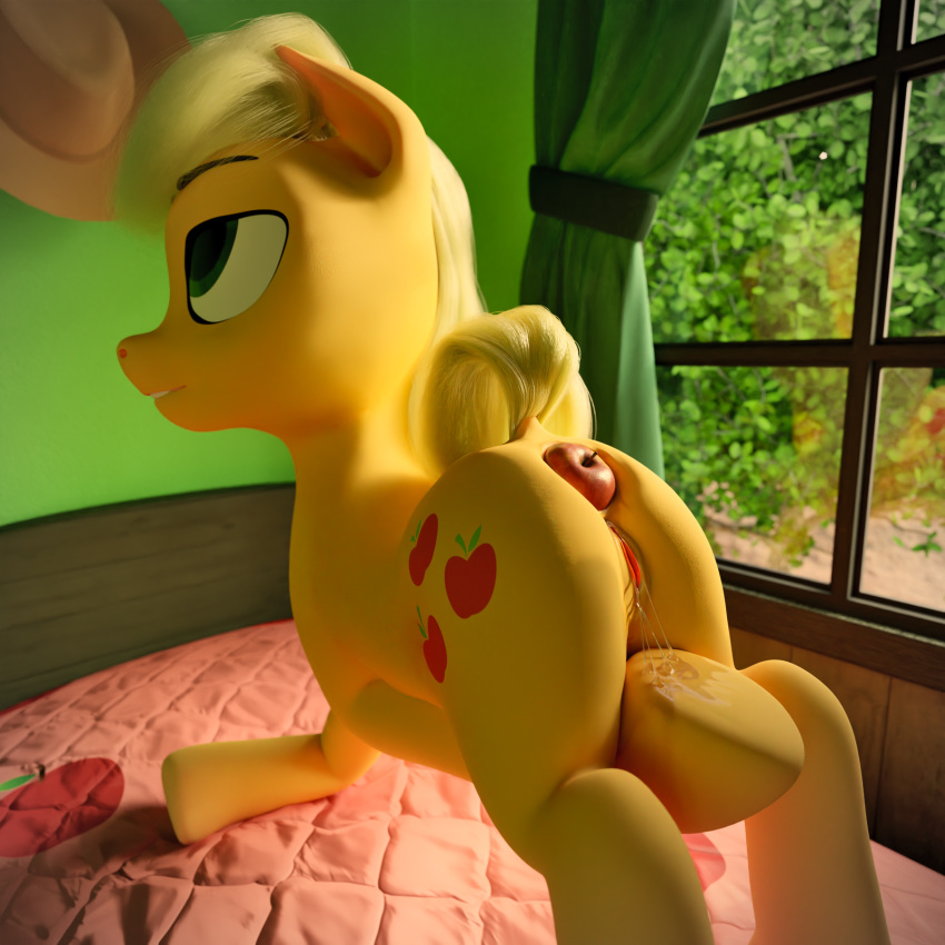 1:1 3d anal anal_sex apple applejack_(mlp) ass ass_up bed bedroom bedroom_eyes earth_pony equid equine female food food_fetish food_play friendship_is_magic fruit furniture furry hi_res horse looking_up mammal masturbation my_little_pony narrowed_eyes ooredelen penetration plant pony seductive smooth_skin solo