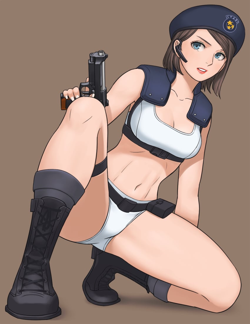 1girls abs alternate_outfit ass beret blue_eyes bob_cut boots bra breasts brown_hair capcom cleavage crouching earpiece gun jill_valentine jill_valentine_(julia_voth) kneeling panties resident_evil resident_evil_remake shigenobu shoulder_pad text