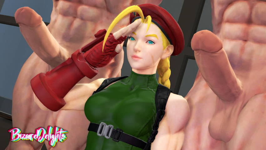 1girls 2boys 3d 3d_(artwork) big_penis bizarredelights blonde_hair blue_eyes cammy_white clothed_female_nude_male female huge_cock multiple_boys multiple_penises muscular muscular_male salute smile source_filmmaker street_fighter street_fighter_v