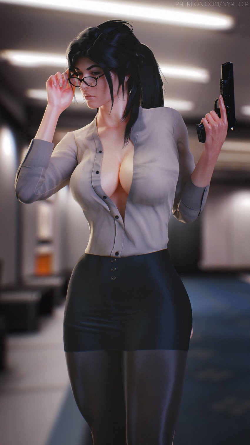 1girls 3d adventure alternate_breast_size big_breasts black_skirt blouse breasts business_suit cleavage clothing female female_only firearm glasses gun handgun human lara_croft lara_croft_(survivor) large_breasts long_hair miniskirt nyalicia office_lady open_shirt pencil_skirt pistol ponytail secretary shirt short_skirt skirt skirt_suit solo solo_female stockings teacher tight_skirt tomb_raider tomb_raider_(survivor) weapon white_shirt