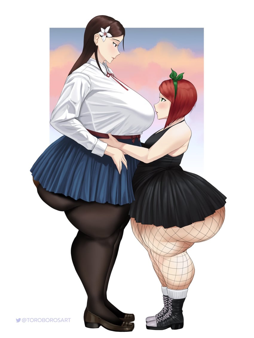 2girls ass bae_(toroboro) bbw bottom_heavy breasts chubby dalgi_(toroboro) female fishnets huge_ass huge_breasts overweight overweight_female shortstack size_difference thick_thighs toroboro underbutt wide_hips