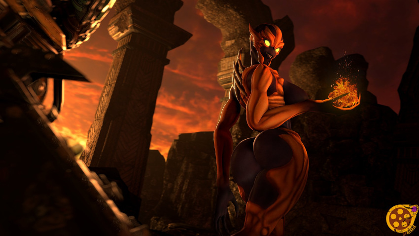 1girls 3d ass back big_ass big_breasts breasts demon doom doom_slayer_(doom) female fire fireball human humanoid imp_(doom) interspecies male male_human/female_demon male_human/female_humanoid pose pussy rule_63 seductive sfrogue sharp_teeth sideboob smile source_filmmaker text thick_thighs watermark wide_hips yellow_eyes