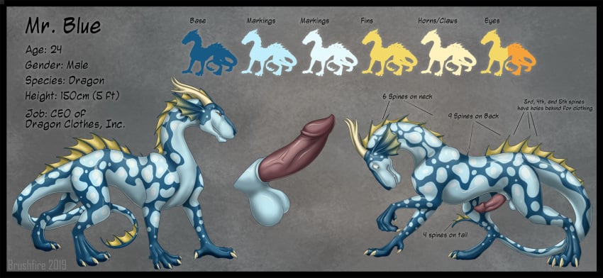 animal_genitalia balls brushfire clothing dragon english_text erection feral genitals glans hi_res horn male model_sheet mr._blue nude penis scalie sheath solo suit text unwanted_erection western_dragon wingless_dragon