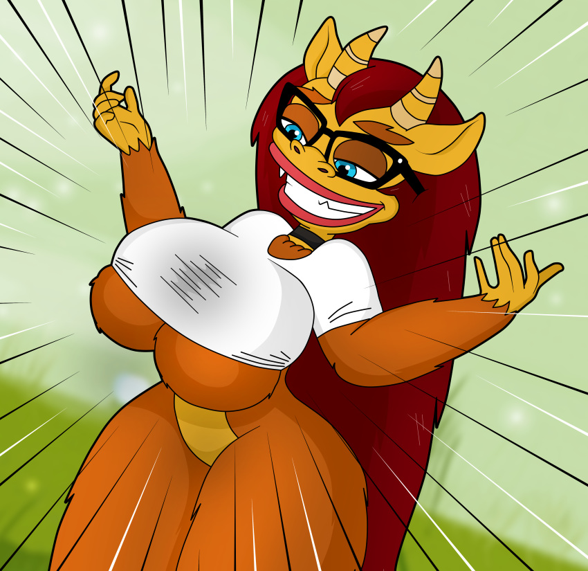 anthro big_breasts big_mouth_(tv_series) big_mouth_(universe) breast_expansion breasts busty connie_(big_mouth) curvy glasses half-dressed hormone_monstress looking_down seductive_smile thick_thighs tight_clothing underboob vanilladream34 voluptuous white_shirt wide_hips