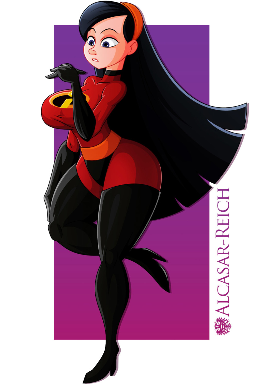 aged_up alcasar-reich big_breasts black_hair bodysuit boots breasts clothing disney domino_mask female female_only footwear gloves gradient_background handwear high_heel_boots high_heels huge_ass invisible_girl long_boots long_gloves long_hair mask pixar purple_background solo solo_female solo_focus superheroine the_incredibles thick_thighs thighhigh_boots thighhighs violet_parr white_background wide_hips