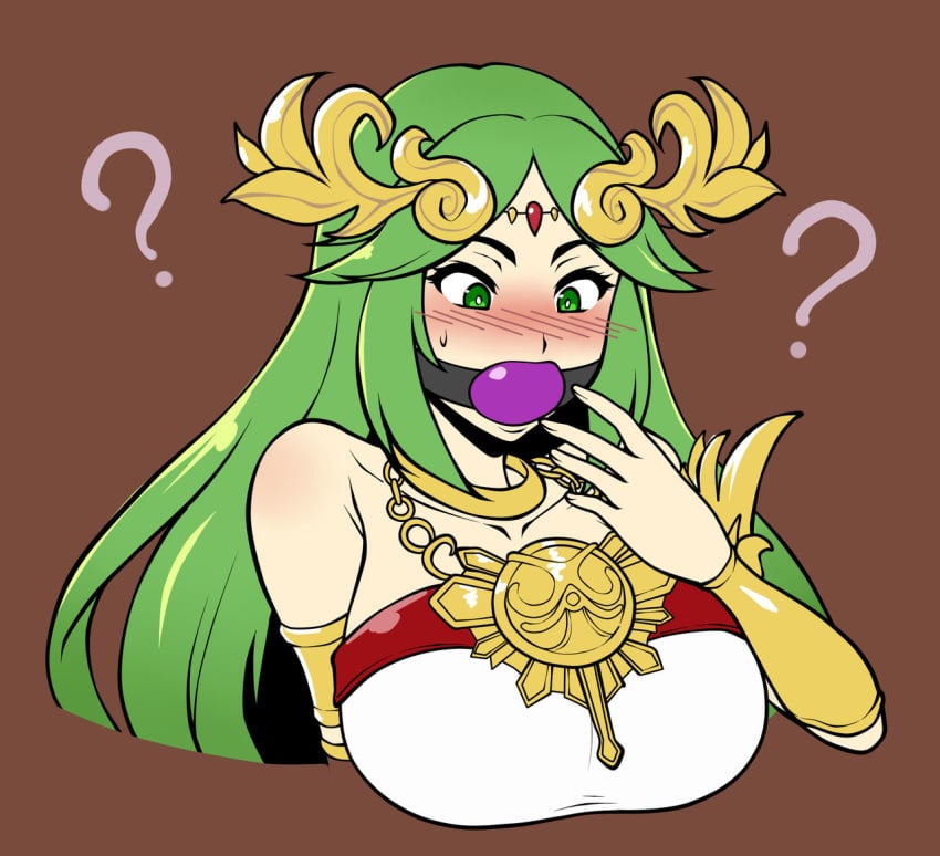 ball_gag bare_shoulders big_breasts blush bondage bust femsub gag gagged goddess green_eyes green_hair jam-orbital kid_icarus palutena surprised