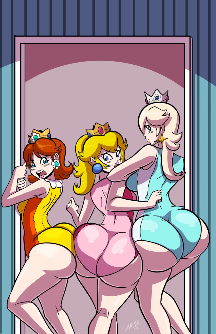 3girls axel-rosered bare_arms bare_legs big_butt bubble_butt butt butt_to_butt crown fat_ass female female_only leotard looking_back mario_(series) mario_and_sonic_at_the_olympic_games medium_breasts nintendo princess_daisy princess_peach princess_rosalina signature sleeveless_leotard stuck stuck_in_door swimsuit tagme thick_thighs trio wide_hips