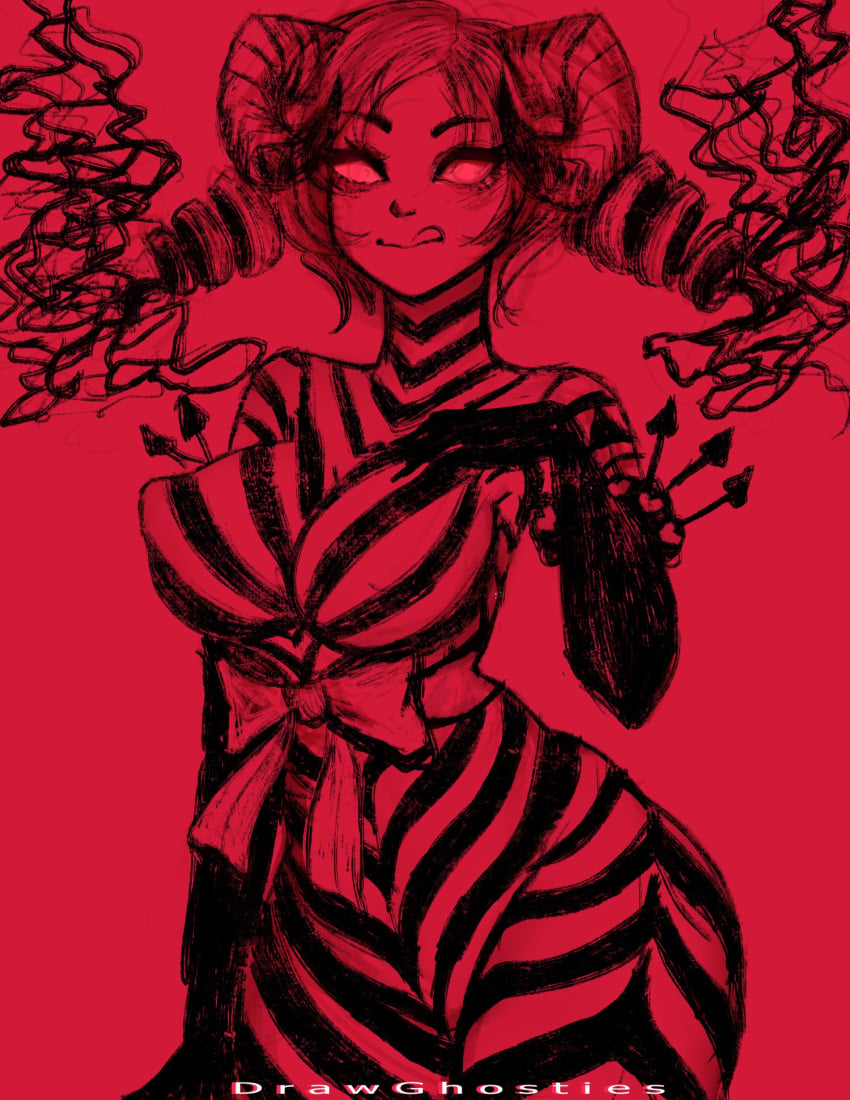 1girls big_breasts catherine catherine_(game) curly_hair drawghosties drawn female female_only horns humanoid monochrome nipple_bulge red_theme seductive solo succubus tongue tongue_out unusual_pupils wide_hips