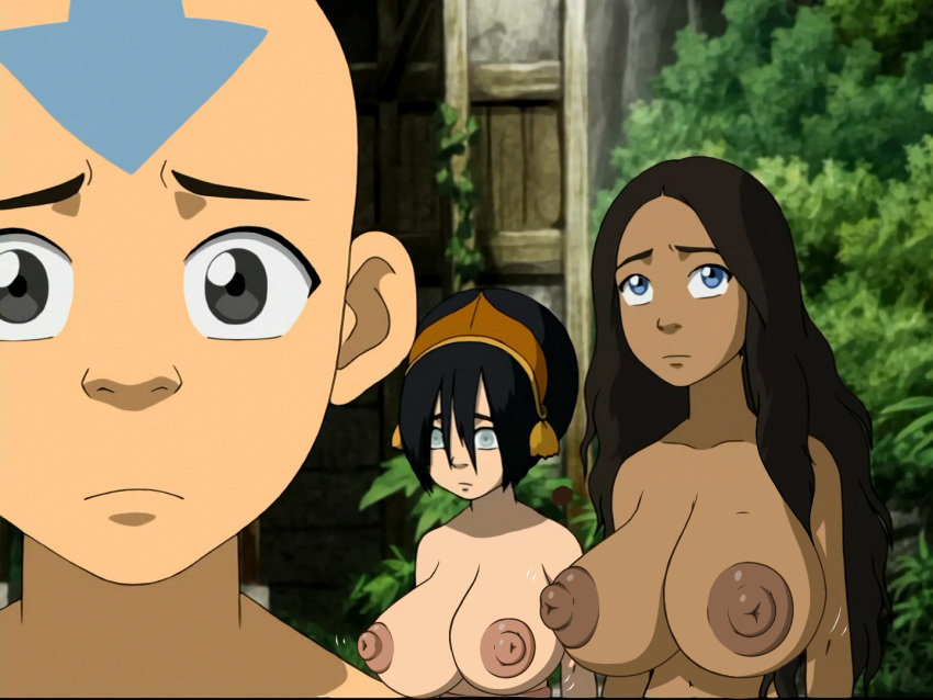 1boy 2girls aang accurate_art_style air_nomad airbender_tattoo alternate_breast_size avatar_legends avatar_the_last_airbender big_breasts big_nipples blue_eyes breasts brown_hair brown_nipples brown_skin chocolate_and_vanilla dark-skinned_female dark_skin earth_kingdom edit female gigantic_breasts gigantic_nipples huge_breasts huge_nipples katara large_breasts light_nipples light_skin male nickelodeon nipples poivoit screencap screenshot screenshot_edit straight_hair the_avatar toph_bei_fong topless topless_female water_tribe