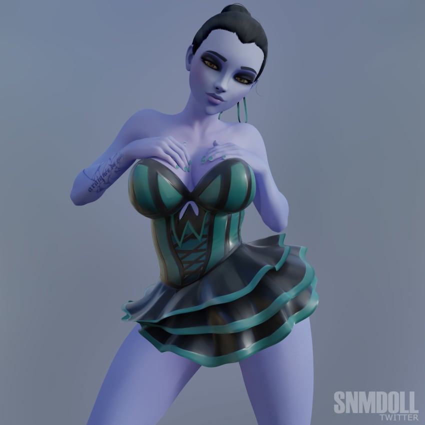 3d cleavage corset green_corset hand_on_breast odile_widowmaker overwatch pose posing skirt snmdoll widowmaker