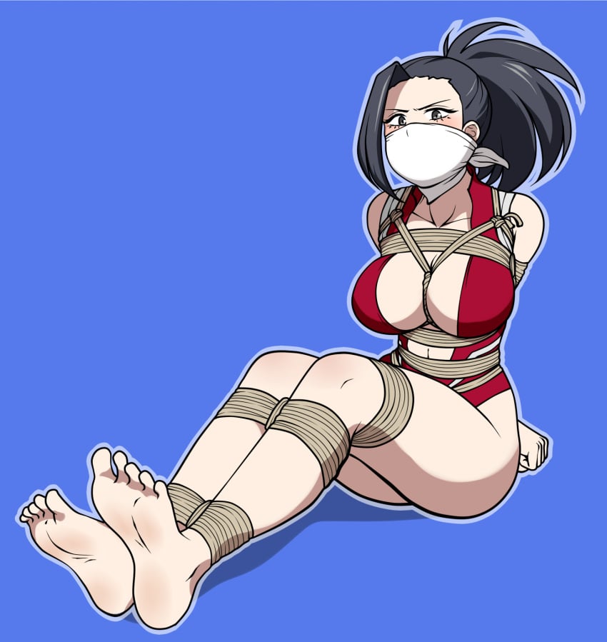 angry arms_behind_back bare_legs bare_shoulders barefoot between_breasts big_breasts blue_background bondage bound breasts cleavage clothed_female feet femsub gag gagged jam-orbital large_breasts legs_tied legs_together leotard looking_at_viewer momo_yaoyorozu my_hero_academia ponytail rope sitting soles thick_thighs thighs tied_up toes wide_hips