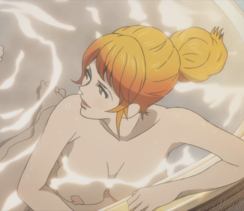 1girls 2010s bath bathing big_breasts breasts brown_eyes brown_hair casual female hair_bun human large_breasts light-skinned_female light_skin long_hair lupin_iii mine_fujiko naked nipples nude screencap screenshot solo_female water