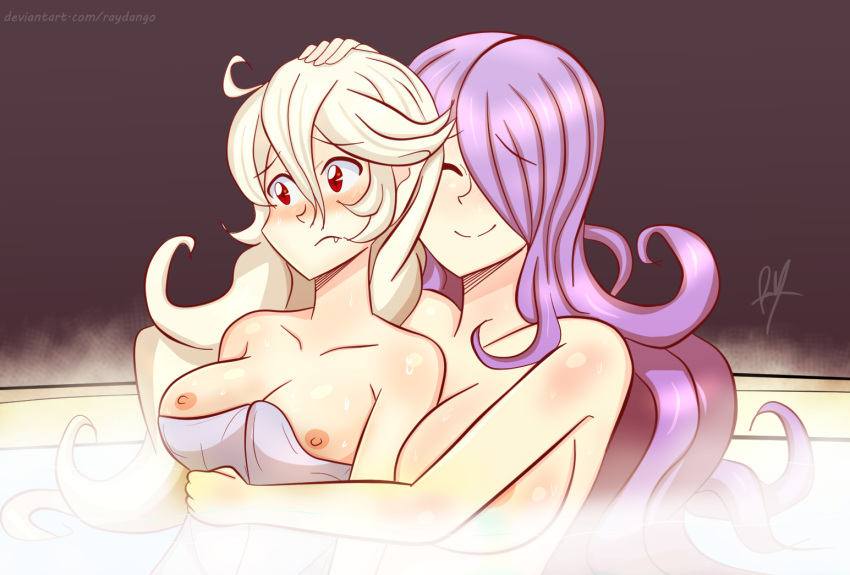 2girls blush breasts camilla_(fire_emblem) corrin_(fire_emblem) corrin_(fire_emblem)_(female) fire_emblem fire_emblem_fates hot_spring hug manakete multiple_girls naked nintendo nipples nude nude_female raydango red_eyes smile towel white_hair yuri