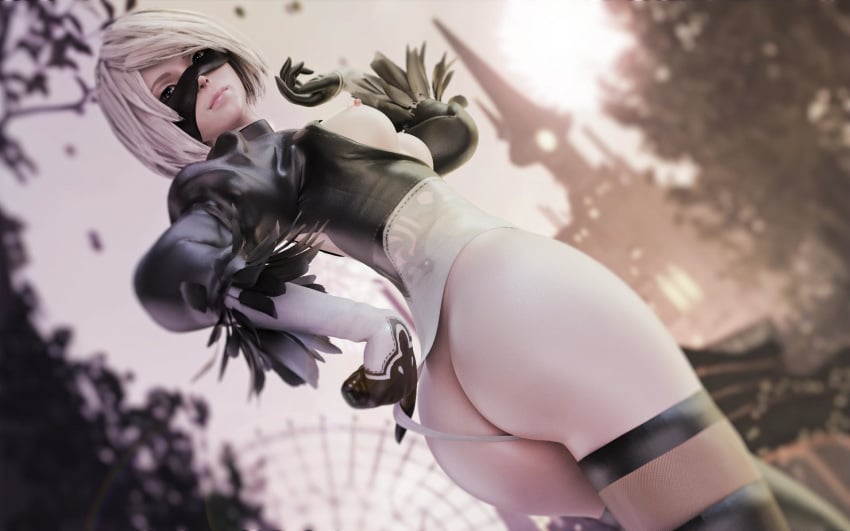 1girls 3d ass blender erect_nipples female female_only looking_at_viewer nier nier:_automata nipples solo spizzy thighhighs yorha_2b