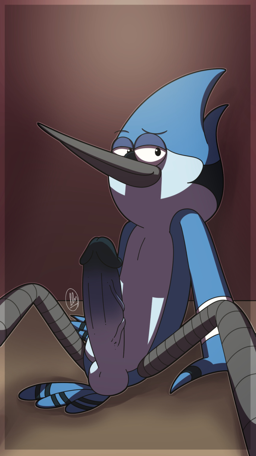 avian bird bluejay erection hyper_penis male male_only mordecai_(regular_show) olly regular_show sitting solo solo_male spread_legs