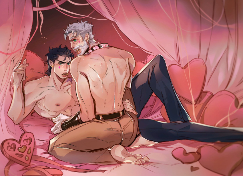 2boys age_difference black_hair chocolate chocolate_heart collar gay grandfather_and_grandson gray_hair grey_hair incest jijimago joestar_birthmark jojo's_bizarre_adventure joseph_joestar jotaro_kujo magojiji male_only old_joseph older_man_and_younger_boy stardust_crusaders topless viiiola_beet yaoi