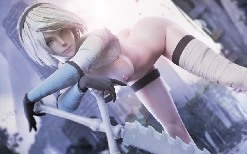 1girls 3d ass_up blender blue_eyes breasts female female_only kaine_(nier)_(cosplay) looking_at_viewer medium_hair nier nier:_automata skinny solo spizzy teenager thighhighs white_hair yorha_2b