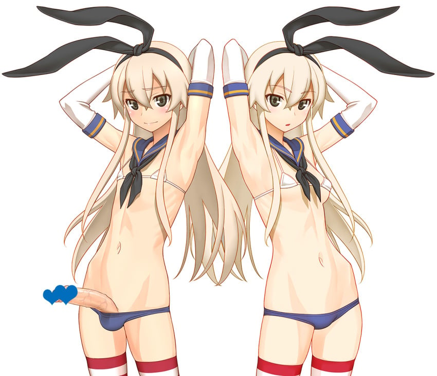 1boy 1girls animal_ears armpits arms_up bikini blonde_hair blue_bikini_bottom blush breasts bunny_ears censored commentary_request cowboy_shot elbow_gloves embarrassed erection eyebrows_visible_through_hair fake_animal_ears female femboy genderswap genderswap_(ftm) gloves grey_eyes hair_between_eyes heart heart_censor kantai_collection long_hair looking_at_viewer micro_bikini minazuki_juuzou navel penis rule_63 sailor_collar shimakaze-kun shimakaze_(kantai_collection) sidelocks simple_background small_breasts striped striped_legwear swimsuit thighhighs trap veins veiny_penis white_bikini_top