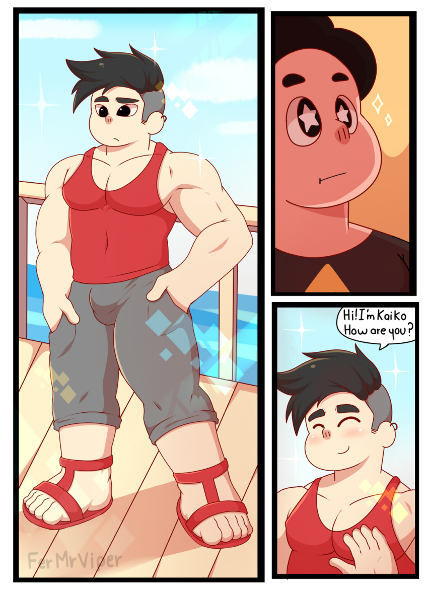 2boys clothed clothing comic duo ear_piercing earrings english_text fermrviper gay happy kaiko_(fermrviper) male_only muscles muscular muscular_male size_difference smile steven_quartz_universe steven_universe steven_universe_future text waving yaoi