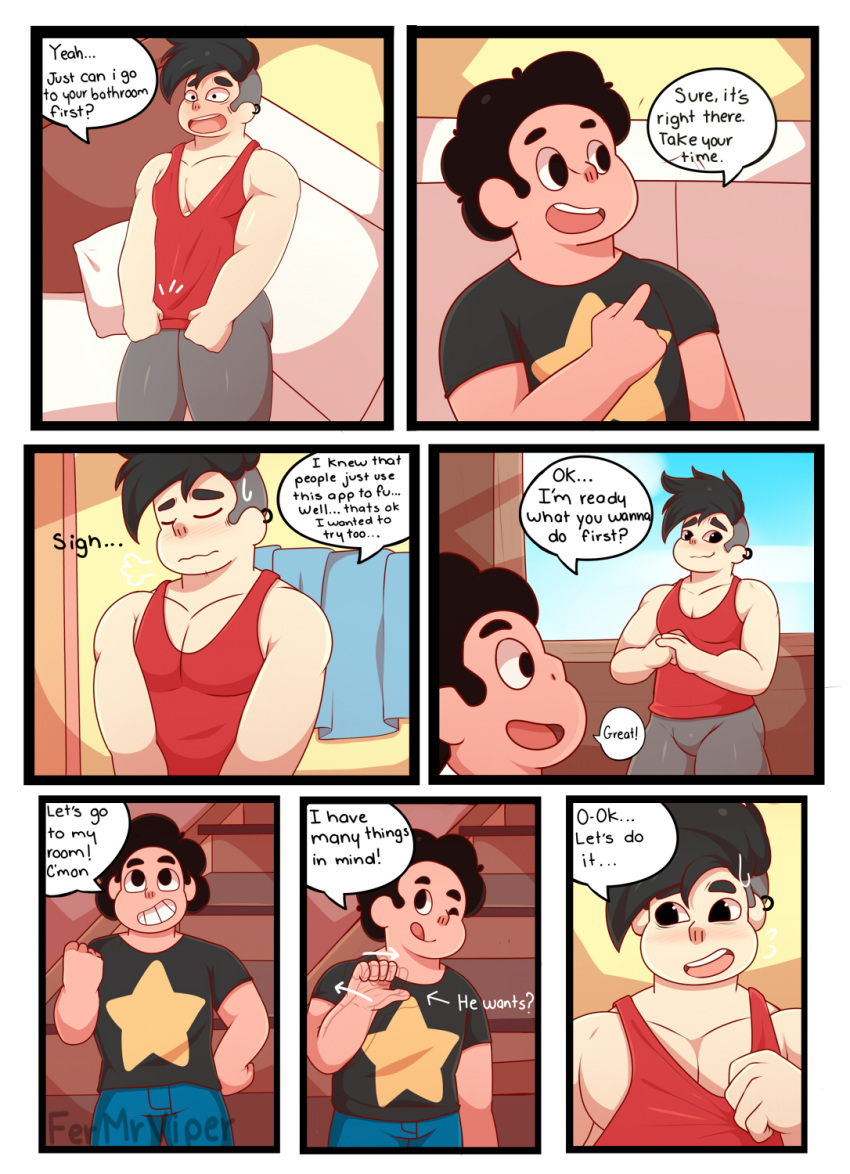 2boys blush clothed clothing comic duo ear_piercing earrings embarrassed english_text fermrviper gay happy kaiko_(fermrviper) male_only muscles muscular muscular_male size_difference smile steven_quartz_universe steven_universe steven_universe_future text yaoi