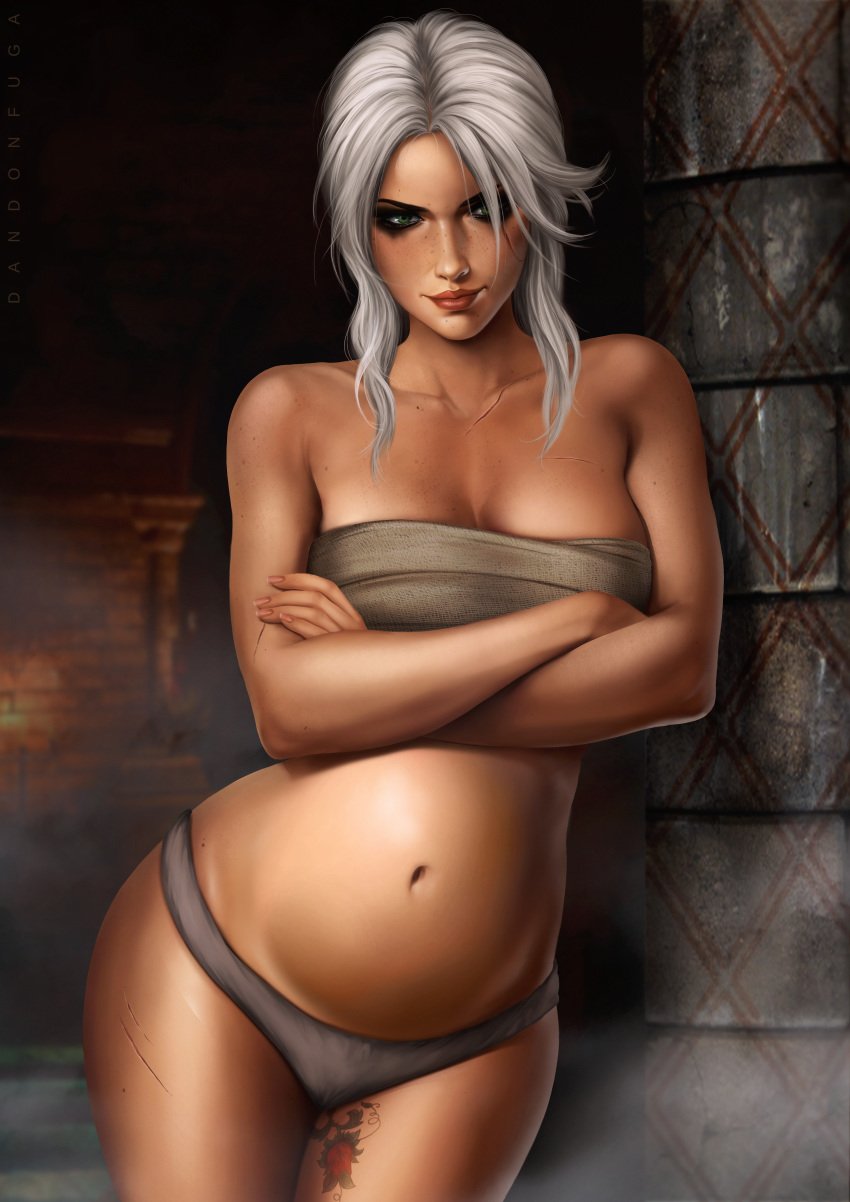 1girls 2018 absurd_res arms_folded big_belly breasts cd_projekt_red ciri dandon_fuga female female_only green_eyes looking_at_viewer nipples panties pregnant scar smiling solo tattoo the_witcher_(series) the_witcher_3:_wild_hunt white_hair