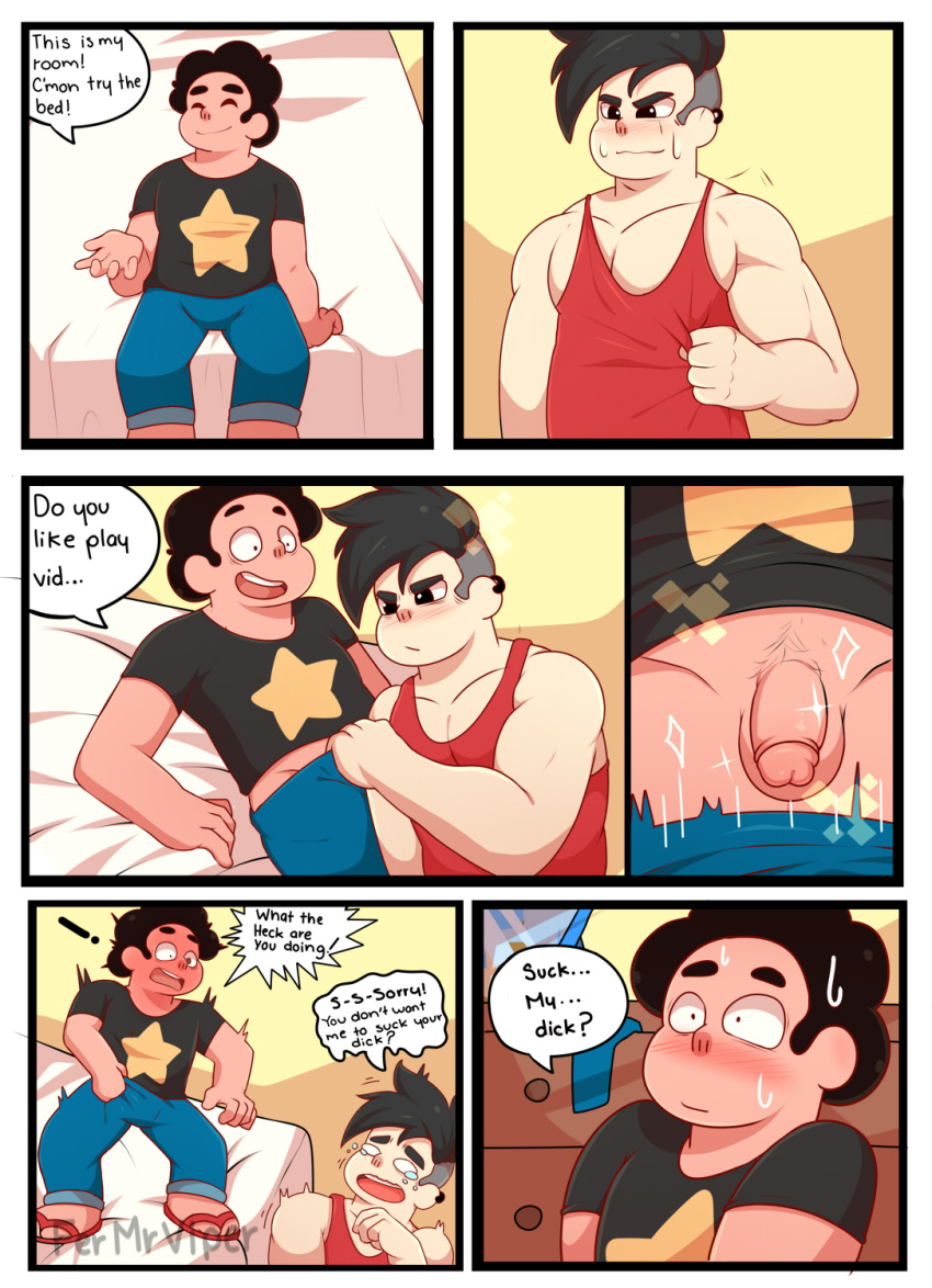 2boys assisted_exposure balls bed blush clothed clothing comic duo ear_piercing earrings embarrassed english_text fermrviper flaccid foreskin gay happy imminent_sex kaiko_(fermrviper) male_only muscles muscular muscular_male pantsing penis retracted_foreskin sitting size_difference smile steven_quartz_universe steven_universe steven_universe_future surprised testicles text uncut undressing yaoi