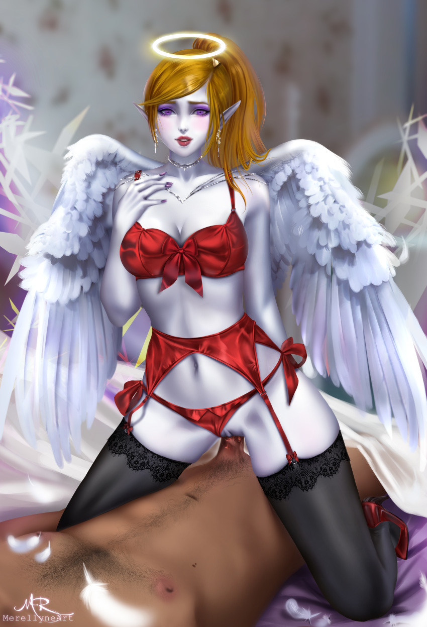 1boy angel angel_wings dark-skinned_male female garter_belt garter_straps high_heels lingerie merellyne sex stockings thighhighs vaginal_penetration wings_of_vi