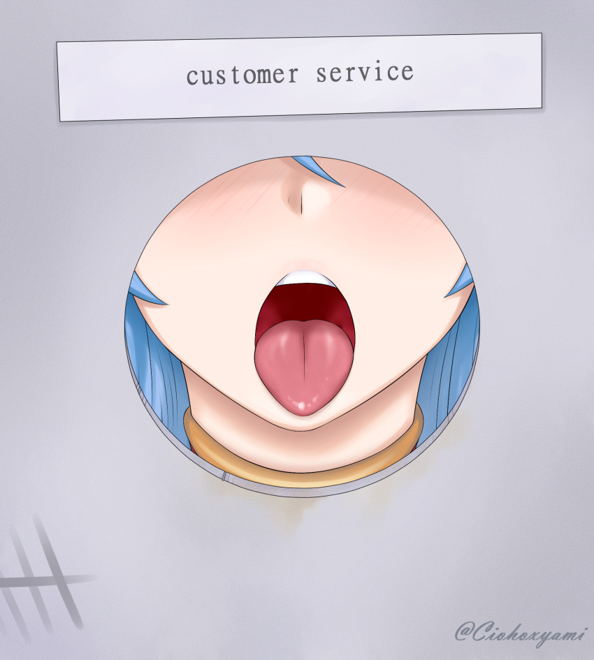 blue_hair blush ciohoxyami female female_focus glory_hole lufia open_mouth oral_invitation sexually_suggestive sign solo tia tongue tongue_out wall