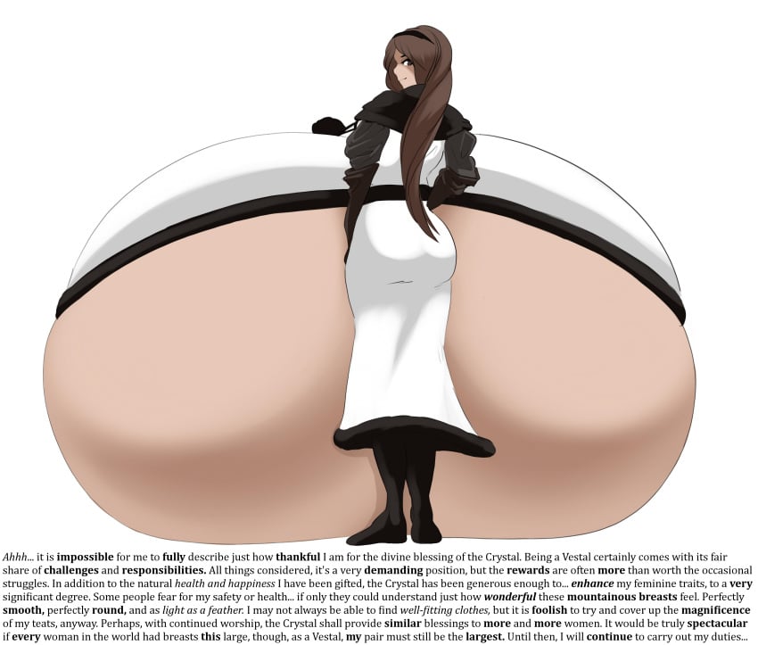 agnes_oblige backboob bravely_default bravely_default:_flying_fairy breast_expansion brown_hair caption gigantic_breasts hyper hyper_breasts immobile long_hair looking_back over_shoulder religion resting_breasts text underboob wardrobe_malfunction white_clothing