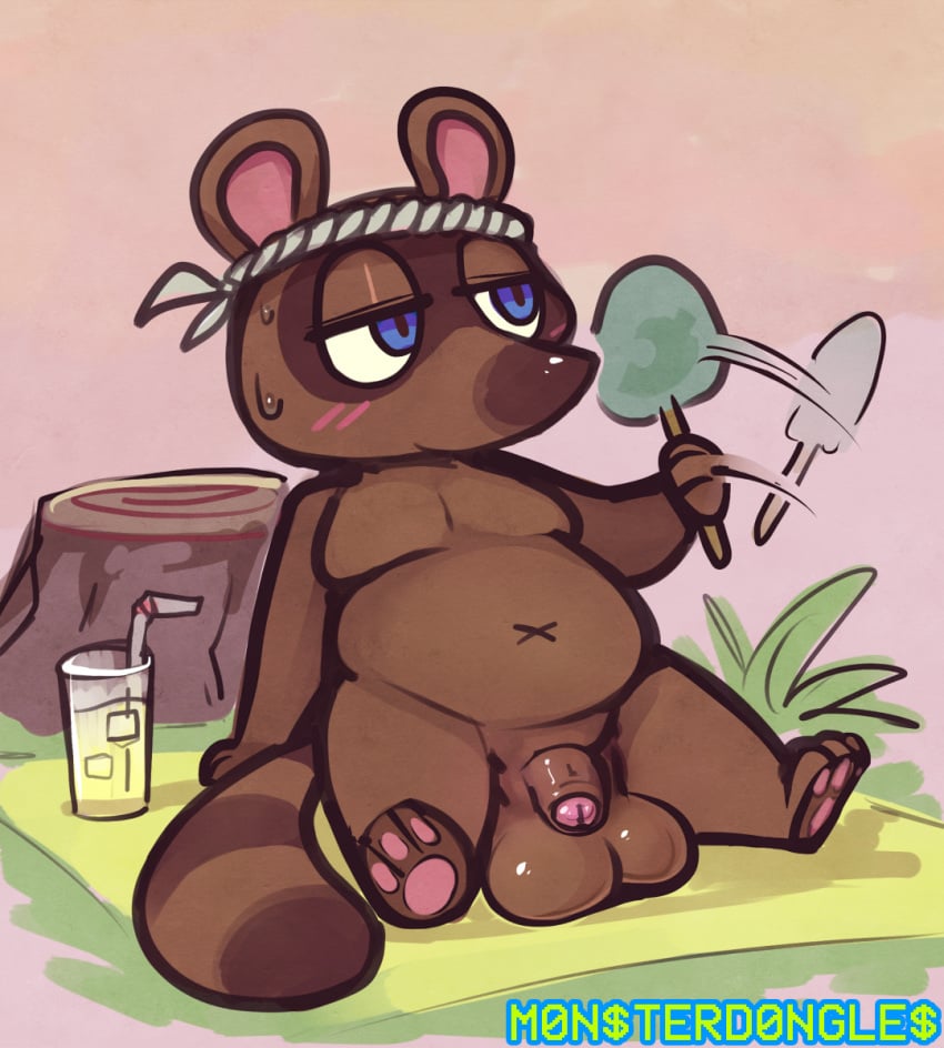 1boy 2020 animal_crossing anthro belly big_testicles blue_eyes blush brown_body brown_fur canid canine flaccid fur furry genitals highres male male_only mammal monsterdongles navel nintendo nude penis raccoon_dog sitting slightly_chubby solo solo_male tanuki testicles tom_nook