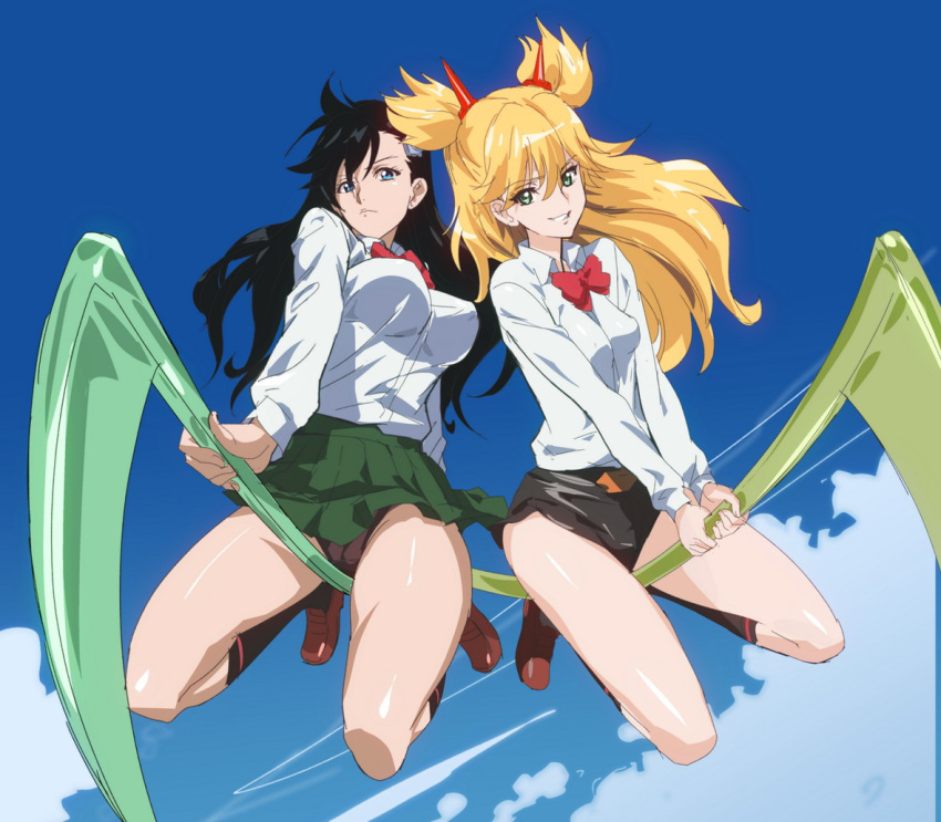 2girls black_hair bleach blonde_hair blue_eyes blue_sky broom_riding burn_the_witch green_eyes hotpants ninny_spangcole noel_niihashi ontaros panties school_uniform schoolgirl skirt skirt_up witch