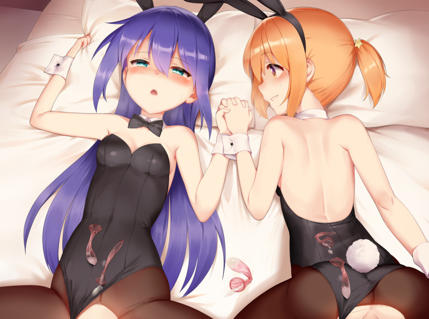 2girls animal_ears arm_up armpits ass babu bare_back bare_shoulders bed black_legwear black_leotard blonde_hair blue_eyes blush breasts brown_eyes bunny_ears bunny_girl bunny_tail bunnysuit cleavage clothing condom covered_navel cum cum_on_body cum_on_clothes detached_collar fake_animal_ears fake_tail hairband heavy_breathing holding_hands implied_bisexual implied_sex koisuru_asteroid konohata_mira leotard leotard_aside long_hair lying manaka_ao multiple_girls on_back on_stomach open_mouth out-of-frame_censoring pantyhose pillow pillow_grab ponytail purple_hair short_hair small_breasts smile strapless strapless_leotard tail tears thighs top-down_bottom-up torn_clothes torn_legwear used_condom wrist_cuffs