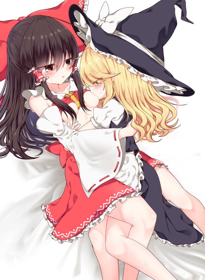 2girls black_dress black_hair blonde_hair blush bow breast_sucking breasts brown_eyes dress eyebrows_visible_through_hair hair_ornament hair_tubes hairbow hat highres hug long_hair marisa_kirisame medium_breasts multiple_girls no_bra on_bed open_mouth rankasei reimu_hakurei shiny shiny_hair shirt_lift sweat touhou witch witch_hat yellow_eyes yuri