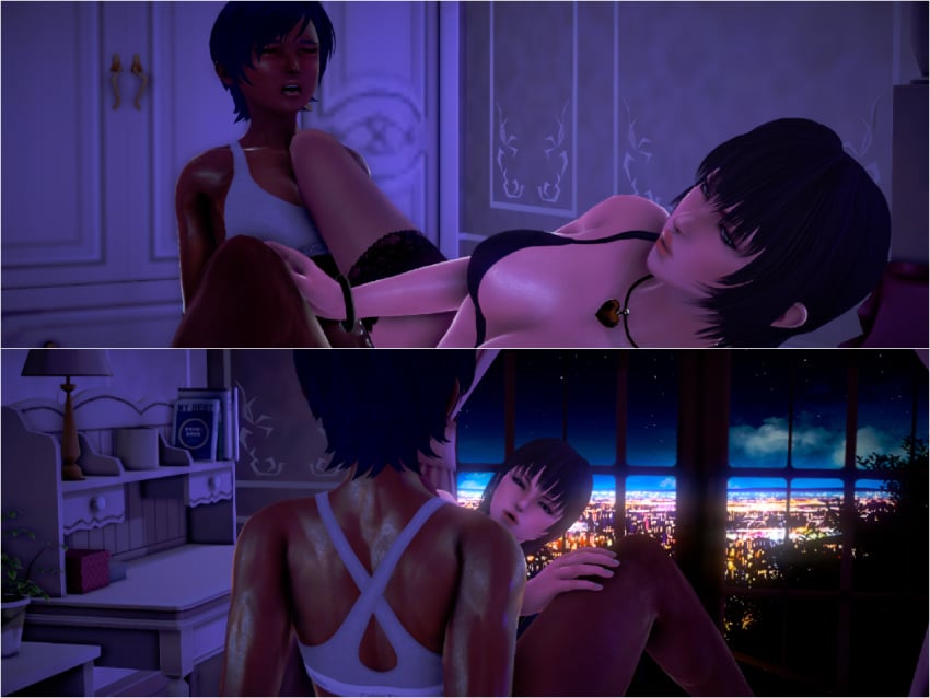 3d blue_hair bra calvin_klein dark-skinned_female dark_skin functionally_nude goth honey_select impi implied_tribadism interracial lingerie looking_pleasured medium_breasts scissoring shiny_skin short_hair toned_female tribadism yuri