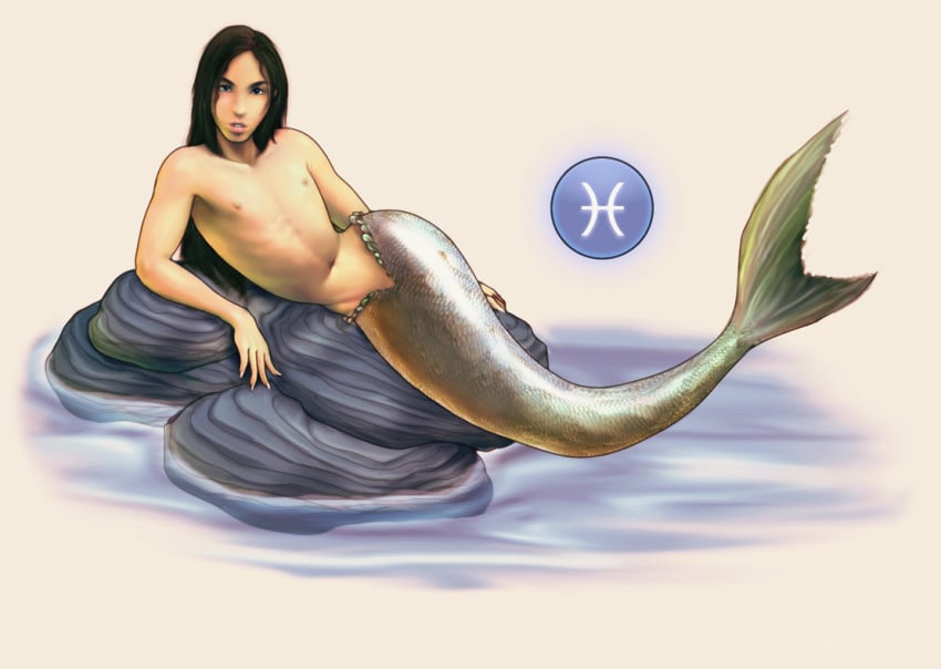 black_hair constellation cute_male erect_nipples femboy front_view jahi long_fingernails long_hair looking_at_viewer male male_only merfolk merman mythology no_visible_genitalia nude ocean personification pisces pisces_(zodiac) public_domain rocks scales soft_shading solo water yuni zodiac