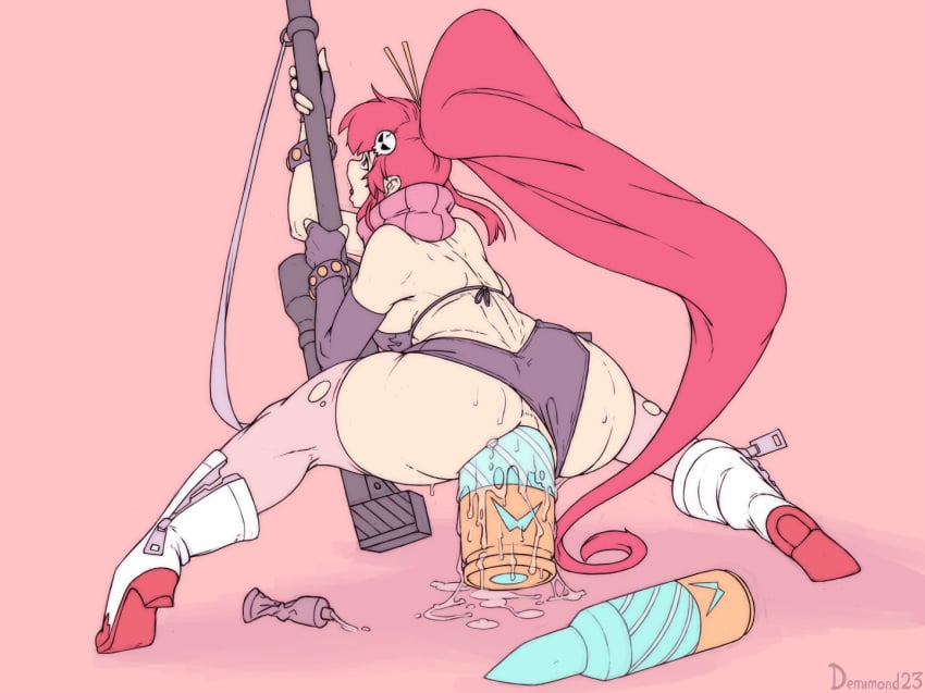 1girl 1girls absurdly_long_hair ahe_gao anal anal_destruction anal_masturbation anal_object_insertion anal_sex ankle_boots anti-materiel_rifle anus artist_name ass back big_ass bikini bikini_top_only black_shorts boots breasts bullet clothed_masturbation clothing_aside commentary demimond23 detached_sleeves dildo dildo_sitting english_commentary female female_masturbation female_only fingerless_gloves flat_color from_behind gloves gun hair_ornament hair_stick high_heel_boots high_heels large_insertion long_hair lube masturbation medium_breasts object_insertion open_mouth panties panties_aside penetration pink_background pink_thighhighs plantar_flexion ponytail red_hair rifle rolling_eyes scarf short_shorts shorts shorts_aside sideboob single_detached_sleeve skull_hair_ornament sniper_rifle solo squatting studded_bracelet swimsuit tengen_toppa_gurren_lagann thick_thighs thighhighs thighs tongue torn_clothes torn_thighhighs uncensored underwear very_long_hair weapon wide_spread_legs yoko_littner zipper