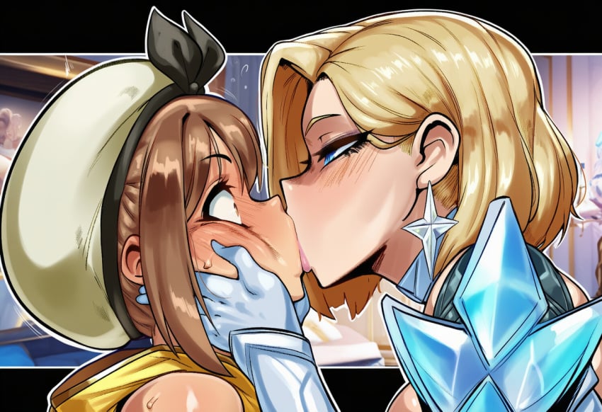 2d 2girls age_difference ai_generated assertive_female atelier_(series) atelier_ryza bedroom blonde_hair blue_eyes blue_lipstick blush brown_hair crossover dominant_female embarrassed emma_frost emma_frost_(marvel_rivals) eyes_wide_open female female_focus female_only forced_kiss forced_yuri gloves half-closed_eyes hand_on_another's_cheek hand_on_cheek hat height_difference hi_res hibiki120 kiss kiss_on_lips kissing lesbian lipstick looking_at_another looking_each_other marvel marvel_rivals mouth_to_mouth questionable_consent reisalin_stout short_hair submissive_female surprised white_dress white_gloves white_shirt wide_eyed yellow_eyes yellow_jacket yuri