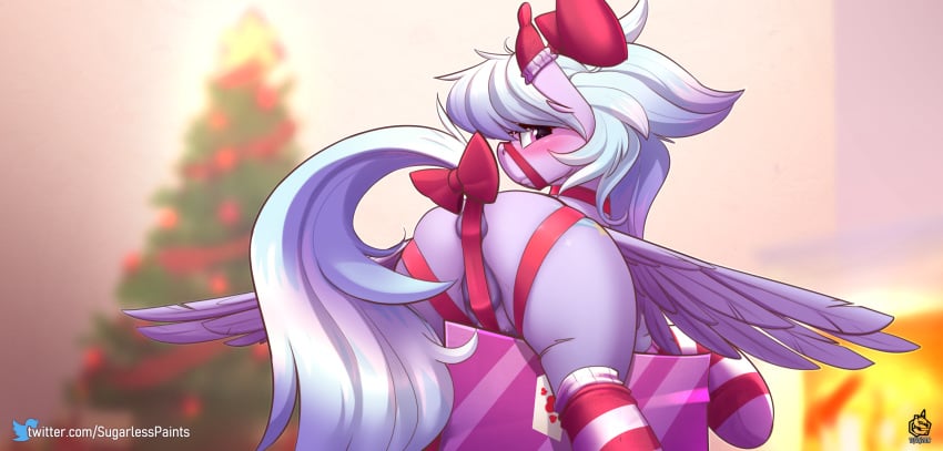 anus ass blush christmas christmas_tree cloud_chaser_(mlp) equid equine feathered_wings feathers female feral friendship_is_magic highres holidays looking_at_viewer looking_back mammal my_little_pony pterippus rear_view ribbons solo spread_wings sugarlesspaints text tree url wings