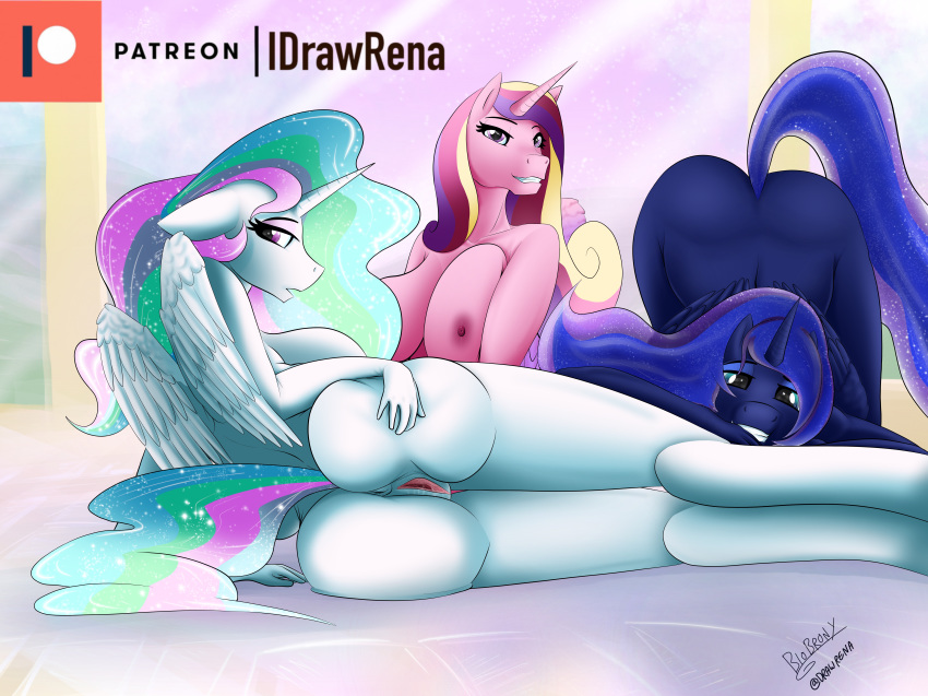 absurd_res alicorn anthro ass ass_up big_breasts big_butt biobrony breasts equid female friendship_is_magic furry genitals group hi_res horn looking_at_viewer lying mammal my_little_pony nude on_side princess_cadance_(mlp) princess_celestia_(mlp) princess_luna_(mlp) pussy sibling sister sisters smooth_skin spread_butt spreading wings