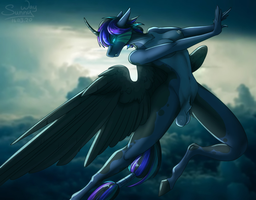 alicorn alicorn_oc animal_genitalia anthro balls breasts character_request equid equine fan_character flying friendship_is_magic furry futanari genitals glowing glowing_eyes gynomorph hasbro horn intersex male male_only mammal my_little_pony nipples nude original original_character sheath solo sunny_way wings