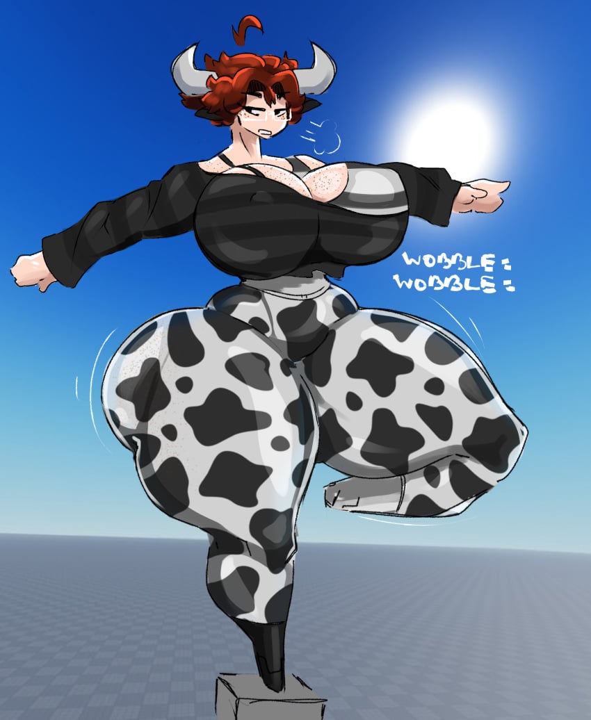 1girls 3d_background auburn_(sherbet) baseplate big_ass big_breasts bottom_heavy bra clothed cow_horns cowgirl cowprint cowprint_clothing female_only freckles glasses huge_ass hyper_hourglass light-skinned_female light_skin motion_lines onomatopoeia pawg red_hair roblox sherbetdraws shewiff small_head solo source_request thick_thighs thin_waist wasp_waist wide_hips