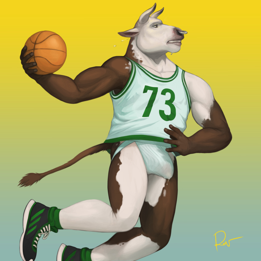 1:1 anthro ball basketball_(ball) biceps black_clothing black_footwear bodily_fluids bovid bovine brown_body brown_fur bulge cattle clothing facial_piercing footwear fur genital_fluids green_clothing green_footwear hi_res horn jockstrap male male_only mammal multicolored_clothing multicolored_footwear nose_piercing nose_ring piercing precum precum_through_clothing rov solo tail_tuft topwear tuft underwear wet wet_clothing