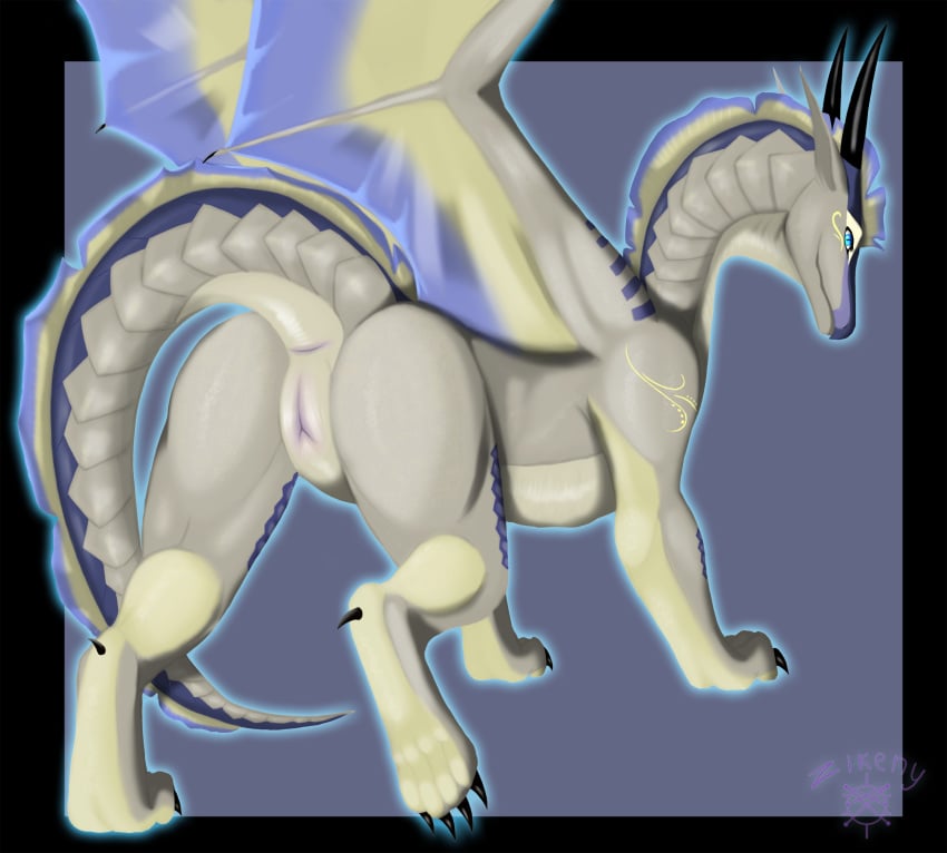 anus ass clitoris dragon female feral genitals hi_res horn multicolored_body paws presenting presenting_hindquarters pussy raised_tail scalie solo western_dragon wings zikeny