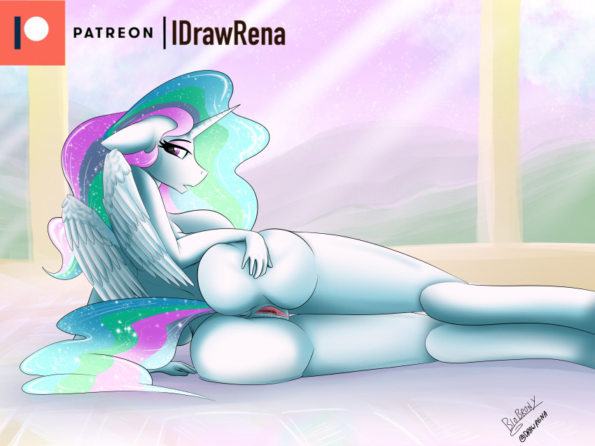 absurd_res alicorn anthro ass big_breasts big_butt biobrony breasts equid female friendship_is_magic furry genitals hi_res horn lying mammal my_little_pony nude on_side princess_celestia_(mlp) pussy smooth_skin spread_butt spreading wings