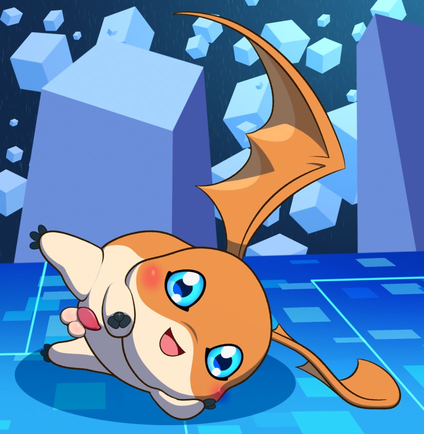 balls blue_eyes blush digimon digimon_(species) erection fur genitals head_wings hi_res looking_at_viewer lying male male_only mammal membrane_(anatomy) membranous_wings neitsuke on_side open_mouth patamon penis smile solo spread_legs spreading tapering_penis tongue wings