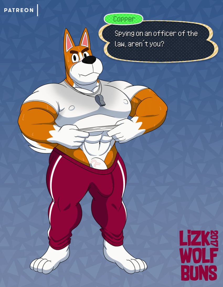 4_toes 5_fingers abs animal_crossing anthro biceps black_nose blush bodily_fluids bottomwear brown_body brown_fur bulge canid canine canis clothed clothing clothing_lift copper_(animal_crossing) dialogue domestic_dog fingers fur genitals gloves_(marking) hi_res humanoid_genitalia humanoid_penis male male_only mammal markings muscular muscular_male nintendo nipple_outline nipples pants pattern_background pecs penis penis_base red_bottomwear red_clothing red_pants shirt shirt_lift simple_background solo speech_bubble sweat toes topwear vein video_games white_body white_clothing white_fur white_shirt white_topwear wolfbuns workout_clothing