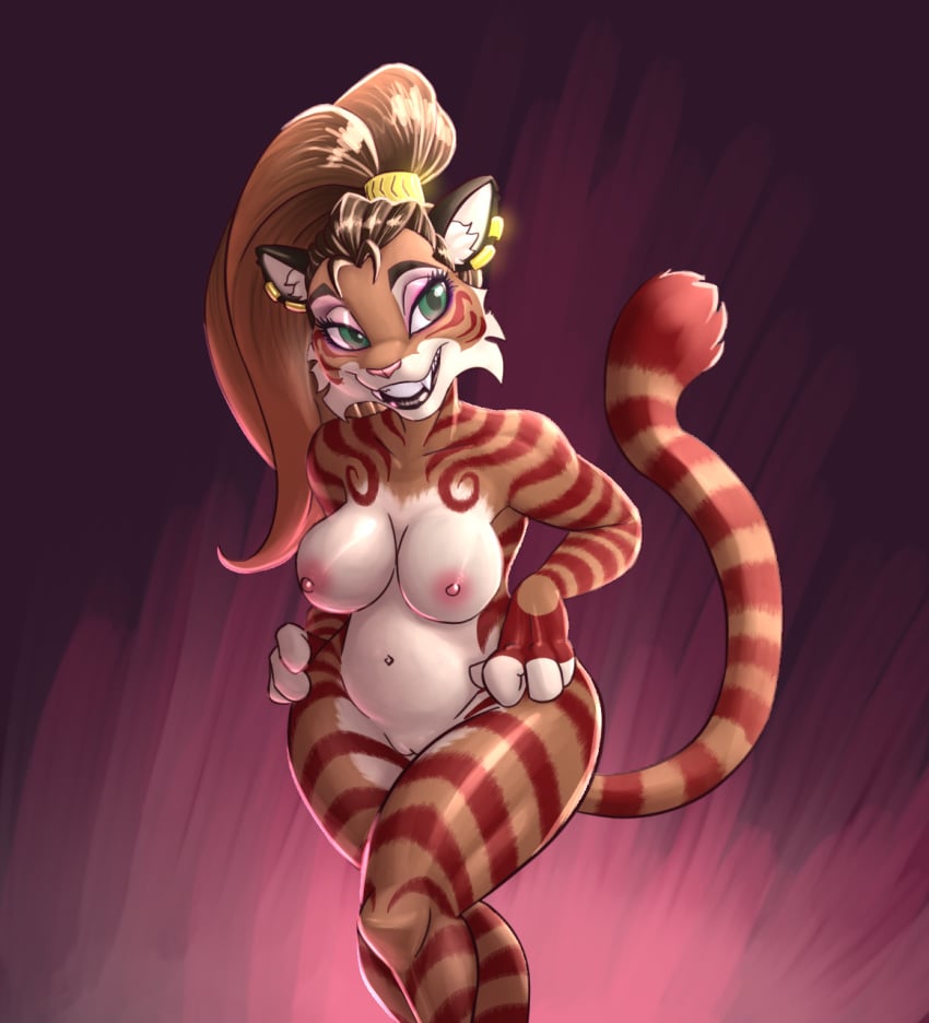 anthro auburn_fur auburn_hair bison_black breasts ear_piercing felid female fur green_eyes hair hi_res inner_ear_fluff long_hair makeup mammal nude pantherine piercing red_stripes simple_background smile solo stripes thick_thighs tiger tuft white_body white_fur